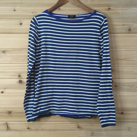 Worth Sweater Womens Large Blue Striped Crew Neck Lightweight - Picture 1 of 8